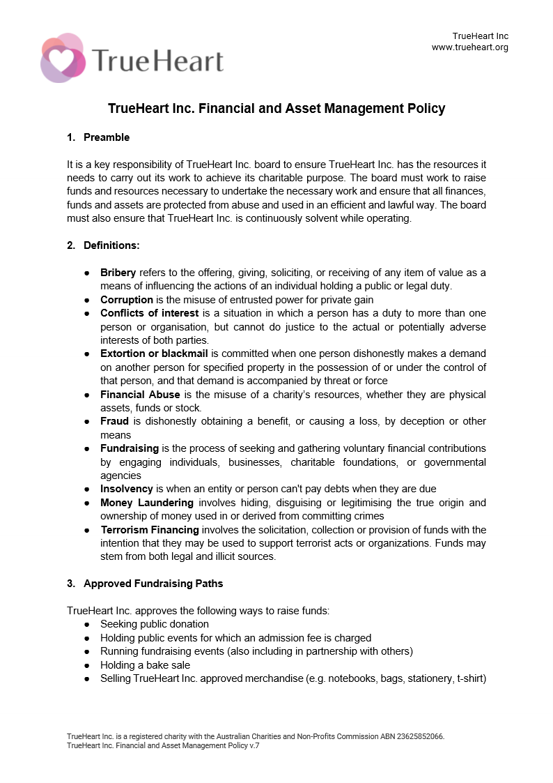Financial and Asset Management Policy, page 1 of 8